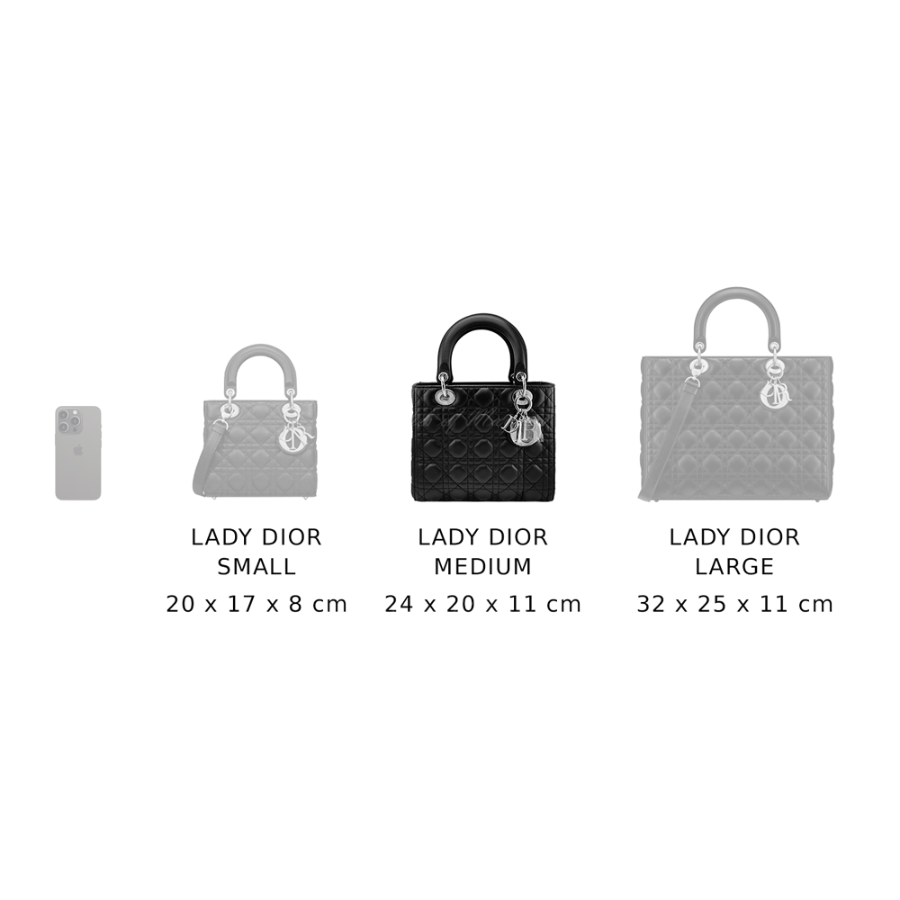 Dior Medium Lady Dior Black Cannage Lambskin Leather and Silver Hardware Handbag M0565PNGE M900